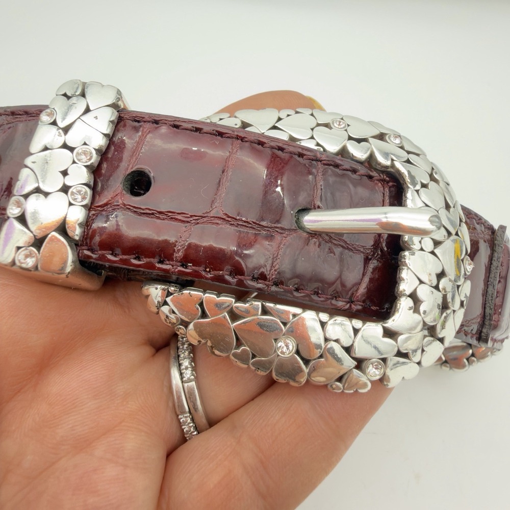 Vtg Brighton Red Croc Embossed Belt Silver Buckle Stretch Crinkle Leather Sz 38